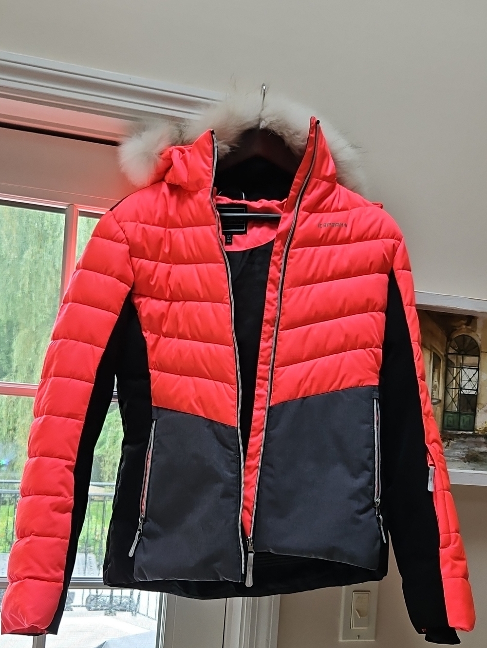 Girl's Hot Pink & Black/Gray Quilted Puffer Jacket with Fur-Trim Removable Hood